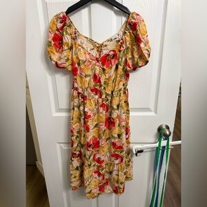 Luxology Floral Corset Back Cottagecore Dress Large Poppy Milkmaid puff sleeve